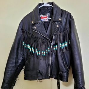 Vintage black leather Route66 women's XL men's medium fringed motorcycle jacket
